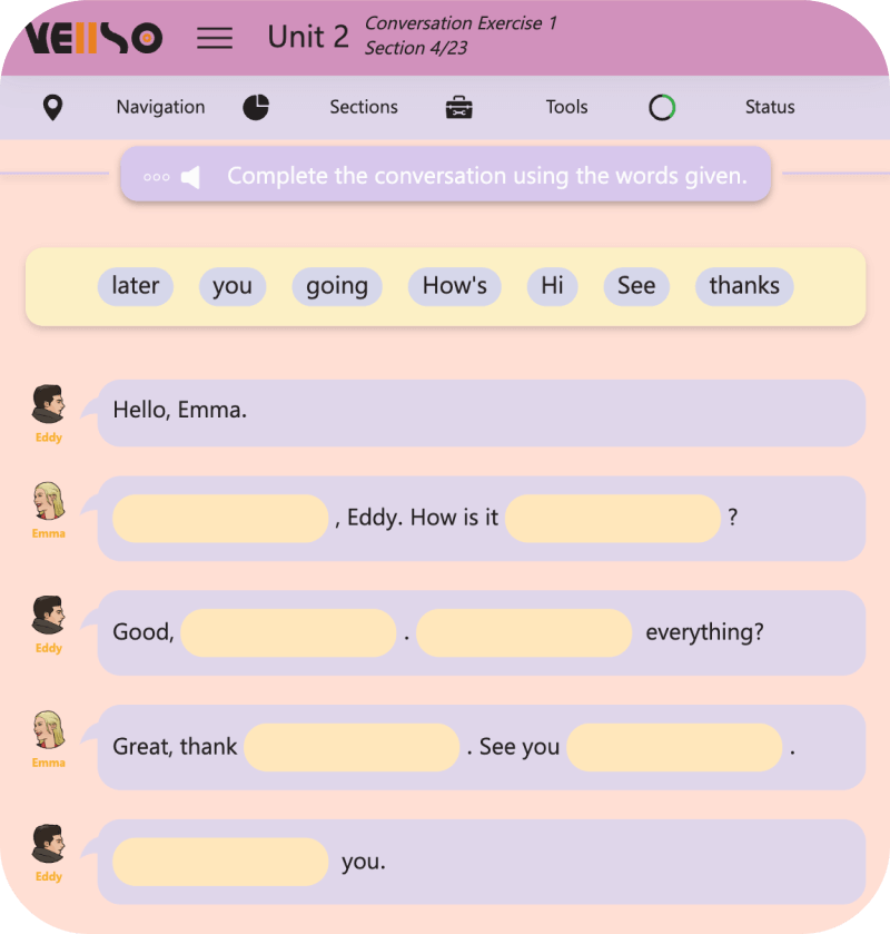 Vellso app screen 1 (showing English conversation exercise feature)